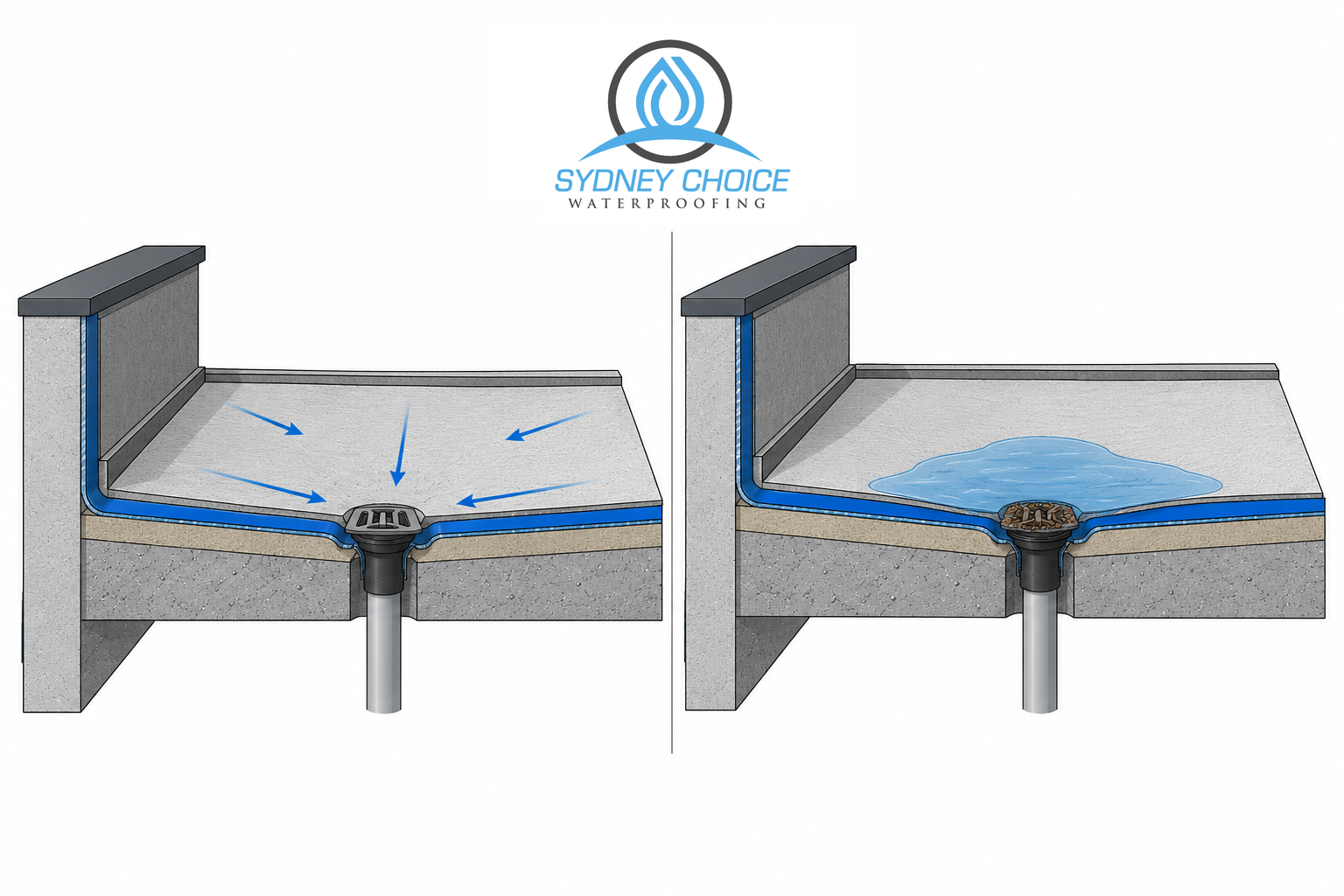 Diagram of flat roof ponding and correct roof falls