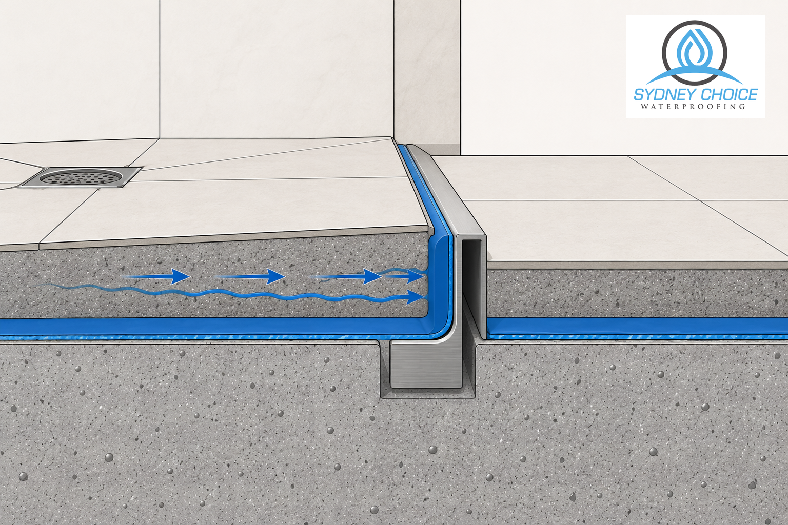 Waterstop angle detail at a shower threshold