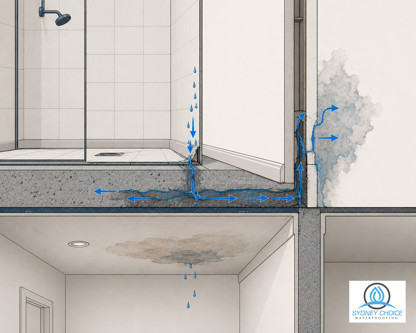 Diagram showing how a shower leak travels through the slab before showing up as a ceiling stain below